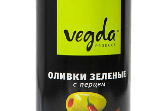 Оливки Vegda зеленые с перцем ж/б. 300 мл.