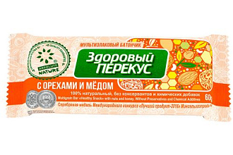 Батончик-мюсли "Здоровый Перекус" орех и мед 60г/20шт КФ