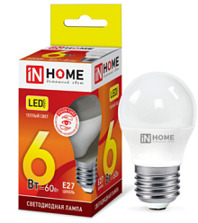 Лампа светодиод In Home 6W E27 шар теплый