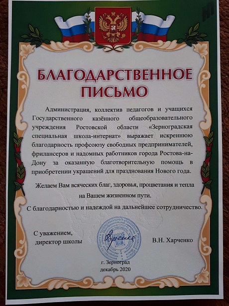 ППО Ростова-на-Дону получила благодарственное письмо от школы-интерната